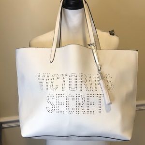 VICTORIA SECRET White Tumbled Laser Cut Logo Shoulder Tote Bag w Silver Interior